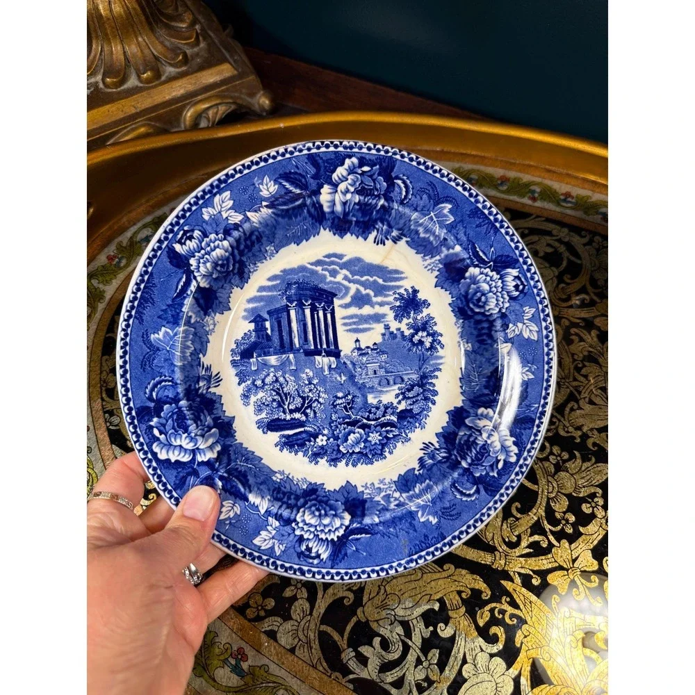 Wedgwood Landscape of Etruria Blue Transferware Saucer & Double-Handled Bowl‎